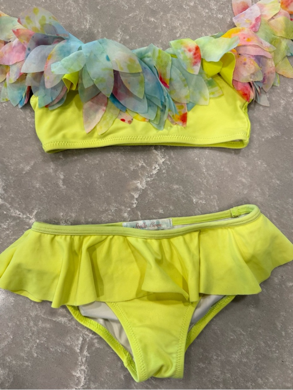 Stella Cove Bikini 4Y Neon Yellow Floral Feather Ruffle Two Piece Swimsuit Girl
